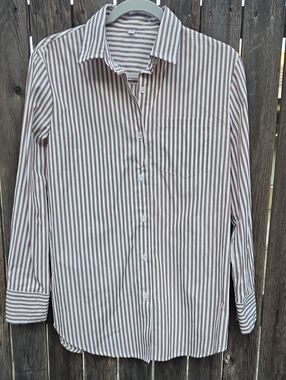 Siliteelon Luxury‎ Women's Tan and White Striped Button-Down Baggy Shirt Preppy